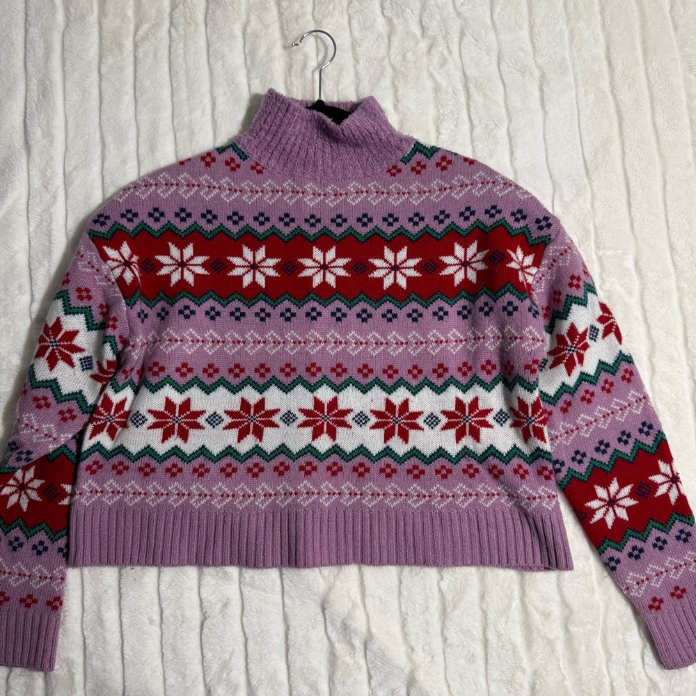 33 Degrees Womens Purple Snowflake Fair‎ Isle Mock Neck Sweater Size Medium